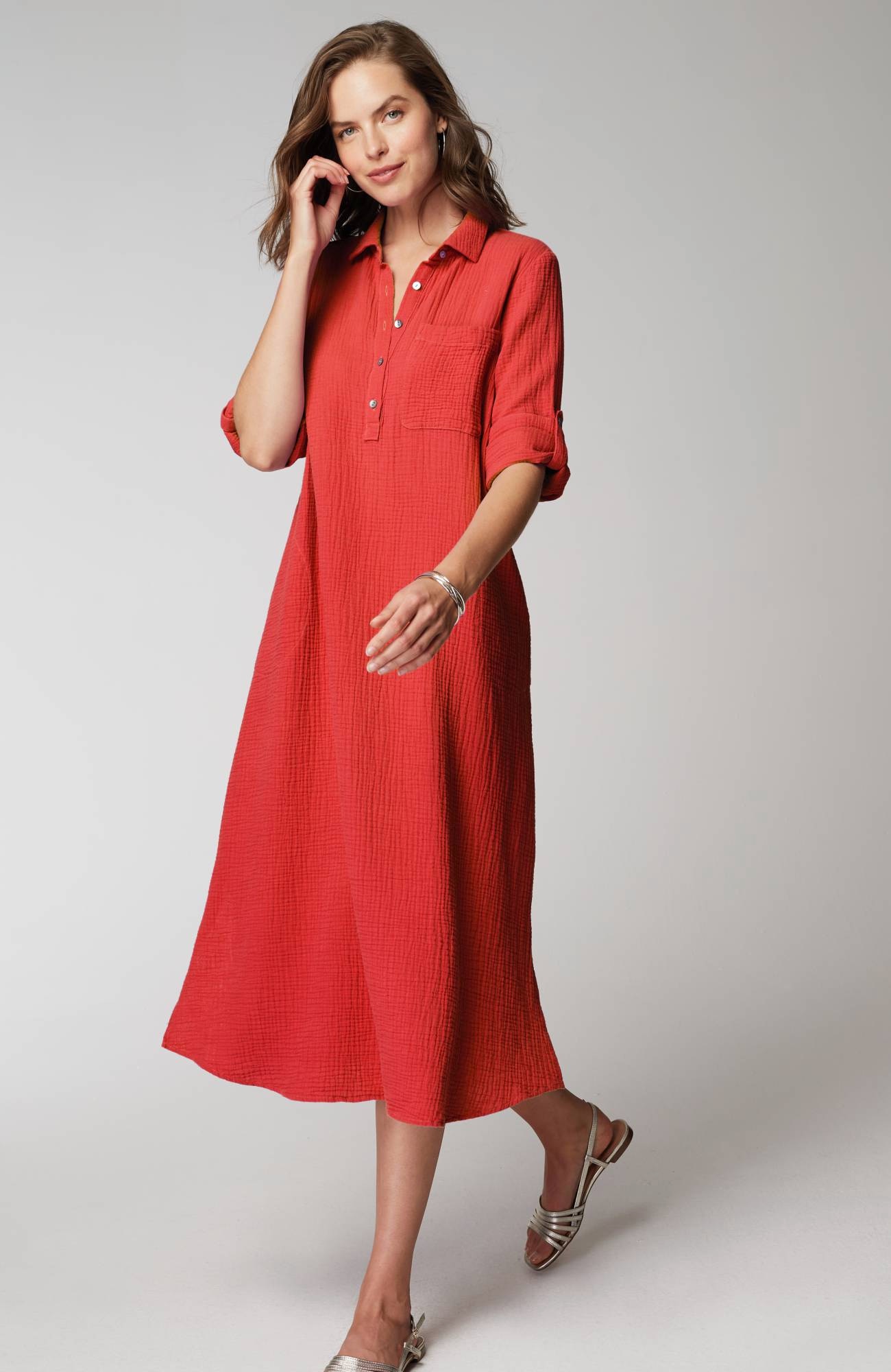 Cotton-Gauze One-Pocket Shirtdress