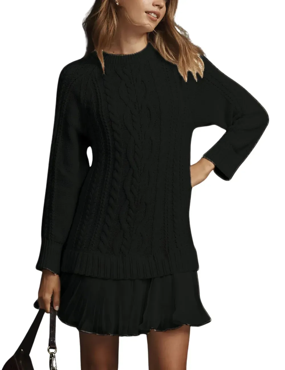 ✨Women Crewneck Cable Knit Sweater Mini Dress