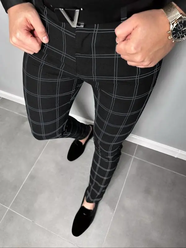 Men's Plaid Button-Fly Slim Trousers (Pocket Design) - Work/Daily, All Seasons