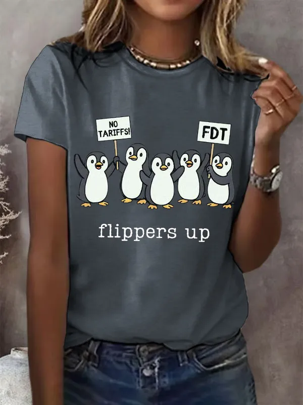 Women'S T-Shirt Women'S Penguins Flippers Up Print Round Neck T-Shirt Pure Cotton Round Collar