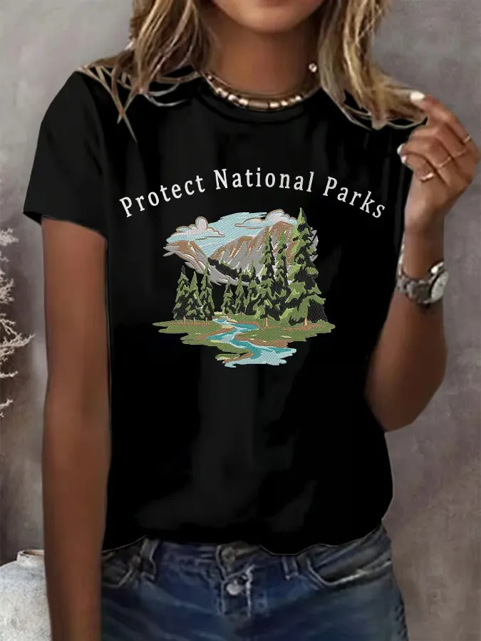 Women'S T-Shirt Women'S Vintage Protect Our National Park Print T-Shirt Theme T-Shirt Crew-Neck
