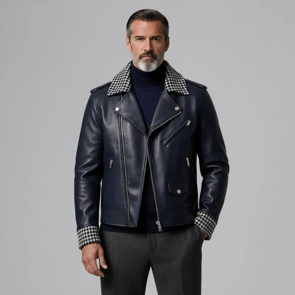 Men's Navy Blue PU Leather Houndstooth Pattern Patchwork Lapel Long Sleeve Zipper Biker Jacket