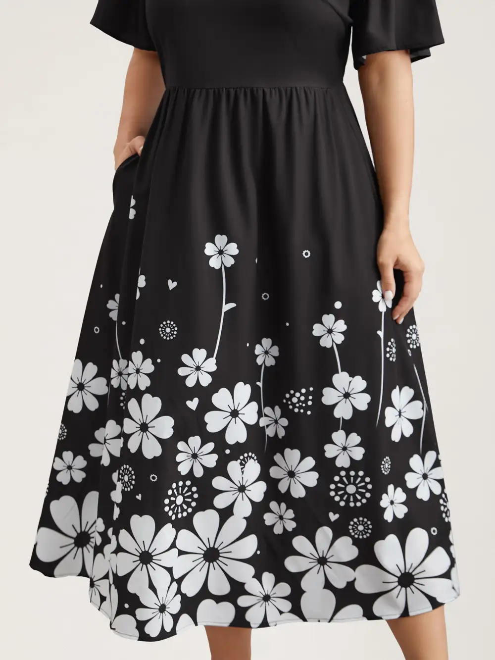 V-Neck Floral Print Flared Sleeve Dress