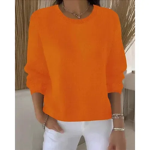 Women's Sweater Fashion Streetwear Casual Pure Color Ribbed Crew Neck Knitted Long Sleeve Regular Tops Knit Outdoor Daily Weekend Yellow Pink Fall Winter