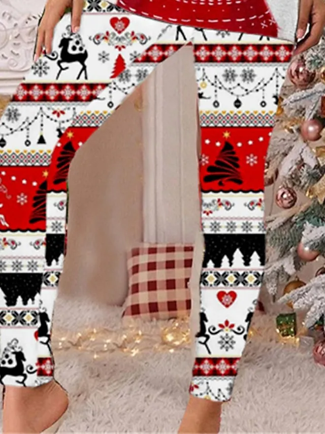 Women's Plus Size Christmas Pajamas Sets Animal Elk Fashion Comfort Soft Home Xmas Carnival Cotton Spandex Jersey Gift Long Sleeve T shirt Tee Pant Elastic Waist Fall Spring White