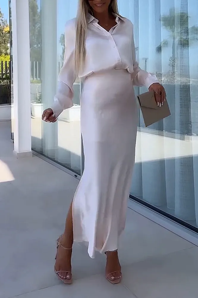 Women's solid color satin V-neck shirt and half skirt two-piece set