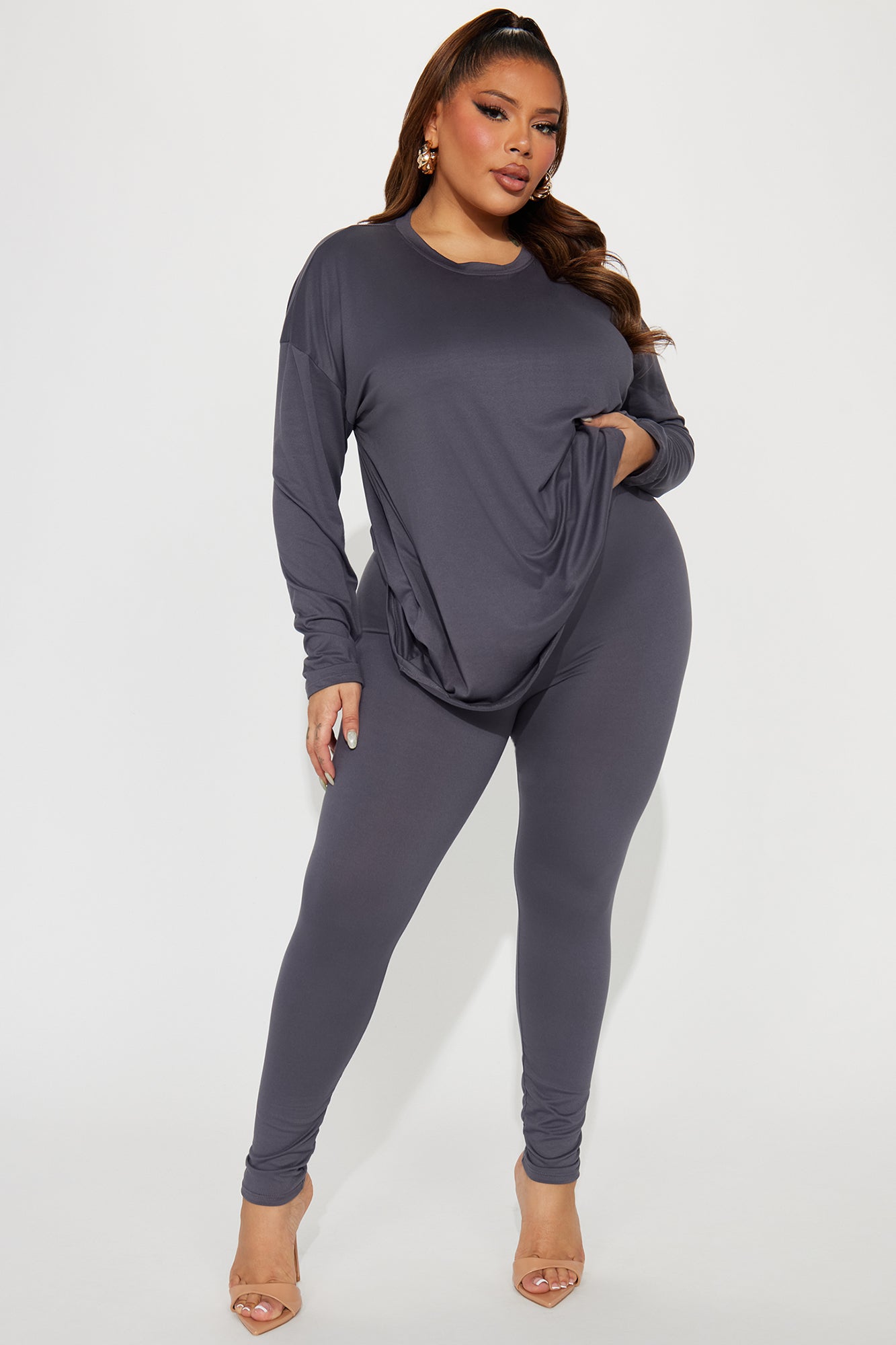 Weekend Vibes Long Sleeve Set - Charcoal