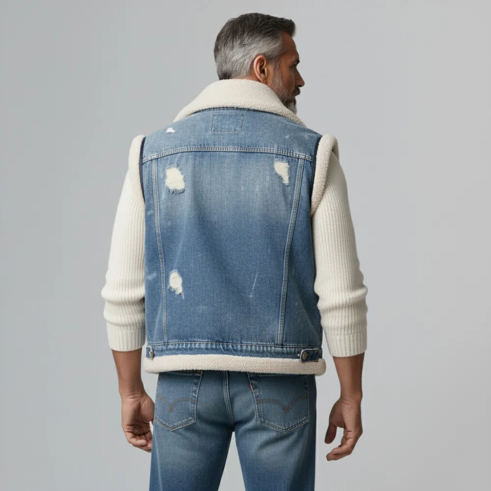 Men's Blue Notched Lapel Ripped Denim Plush-Lined Zipper Vest