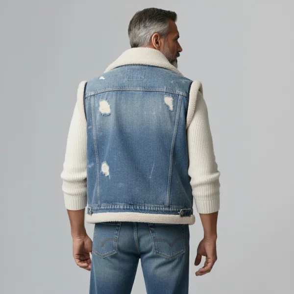 Men's Blue Notched Lapel Ripped Denim Plush-Lined Zipper Vest