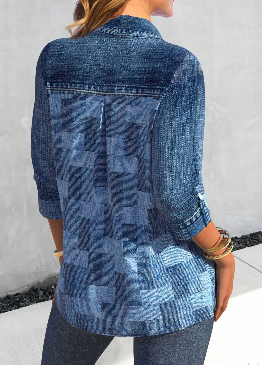 Denim Blue Patchwork Denim-effect Print Long Sleeve Blouse