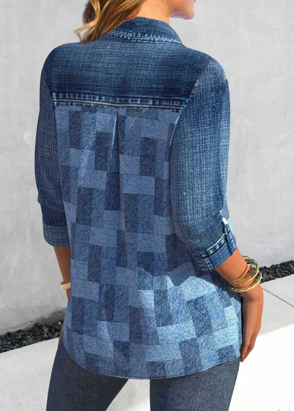 Denim Blue Patchwork Denim-effect Print Long Sleeve Blouse