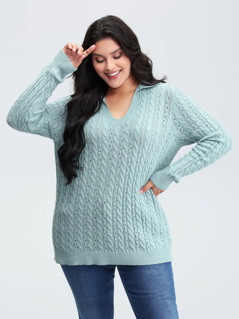 Textured Polo Collar Cable Knit Pullover