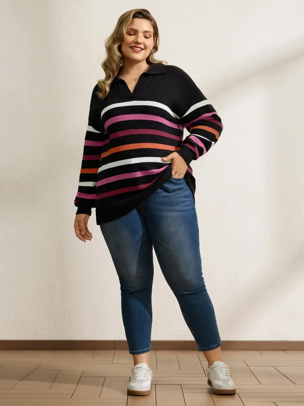 Polo Collar Colorful Stripes Pullover