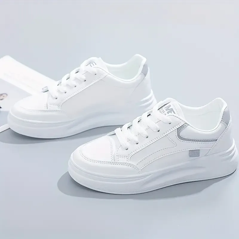 Stylish White Platform Lace Up Shoes for Women - Elevate Your Height, Versatile Low Top Design, Breathable Outdoor Walking Shoes with Comfortable Fit