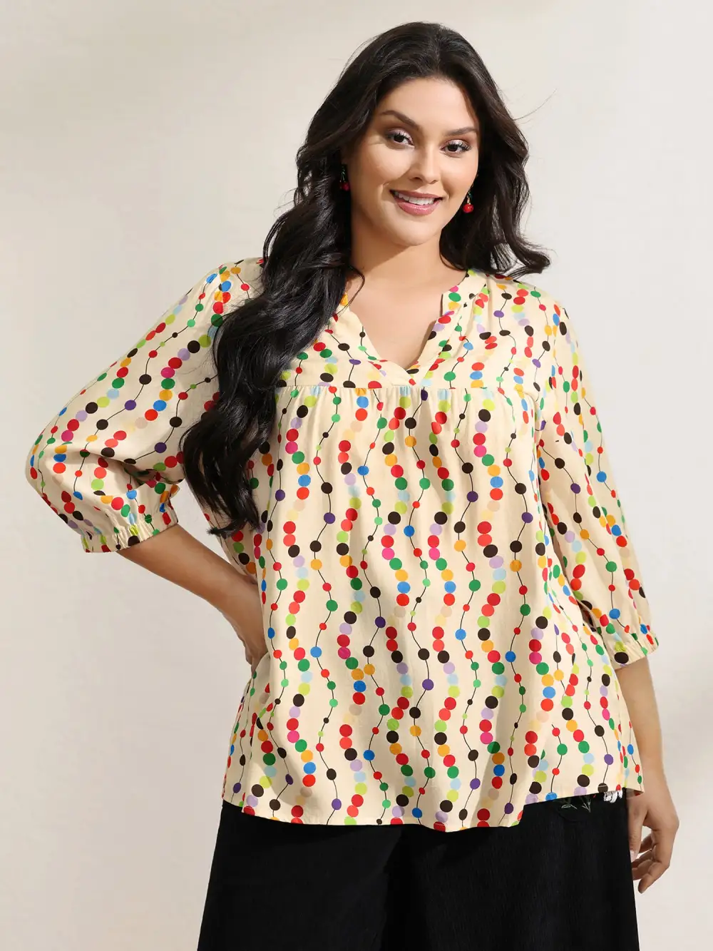 Colorful Polka Dots Rayon Notched Collar Blouse