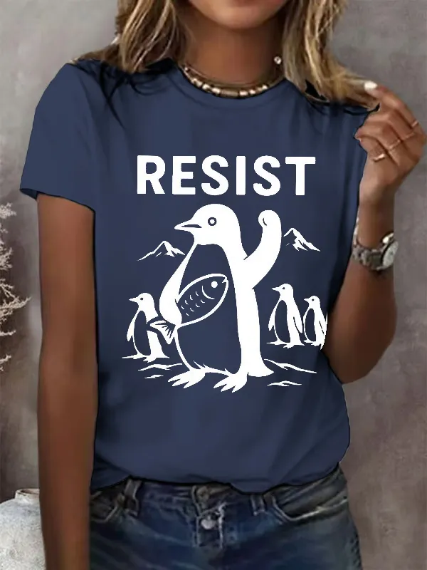 Women'S T-Shirt Women'S Penguins Resist Print Round Neck T-Shirt