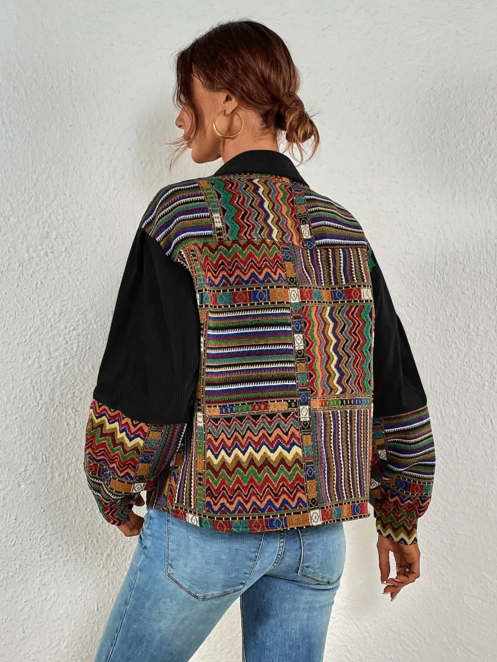 Geo Print Drop Shoulder Corduroy Jacket