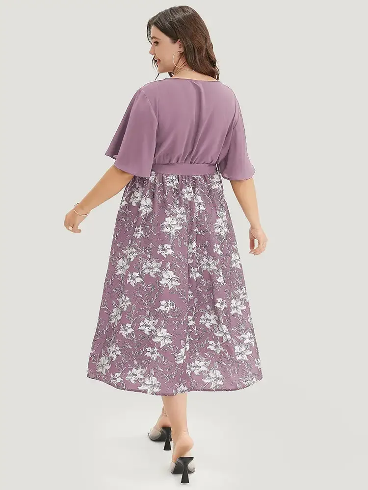 Floral Patchwork Pocket Belt Surplice Neck Ruffle Hem Dress