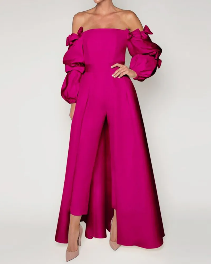 Puff Sleeve Jumpsuit Bow Satin Brocade