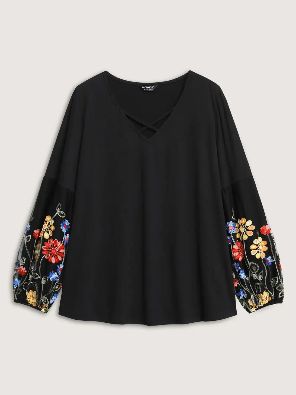 Floral Embroidered Sleeve Neck Tie-Up T-Shirt