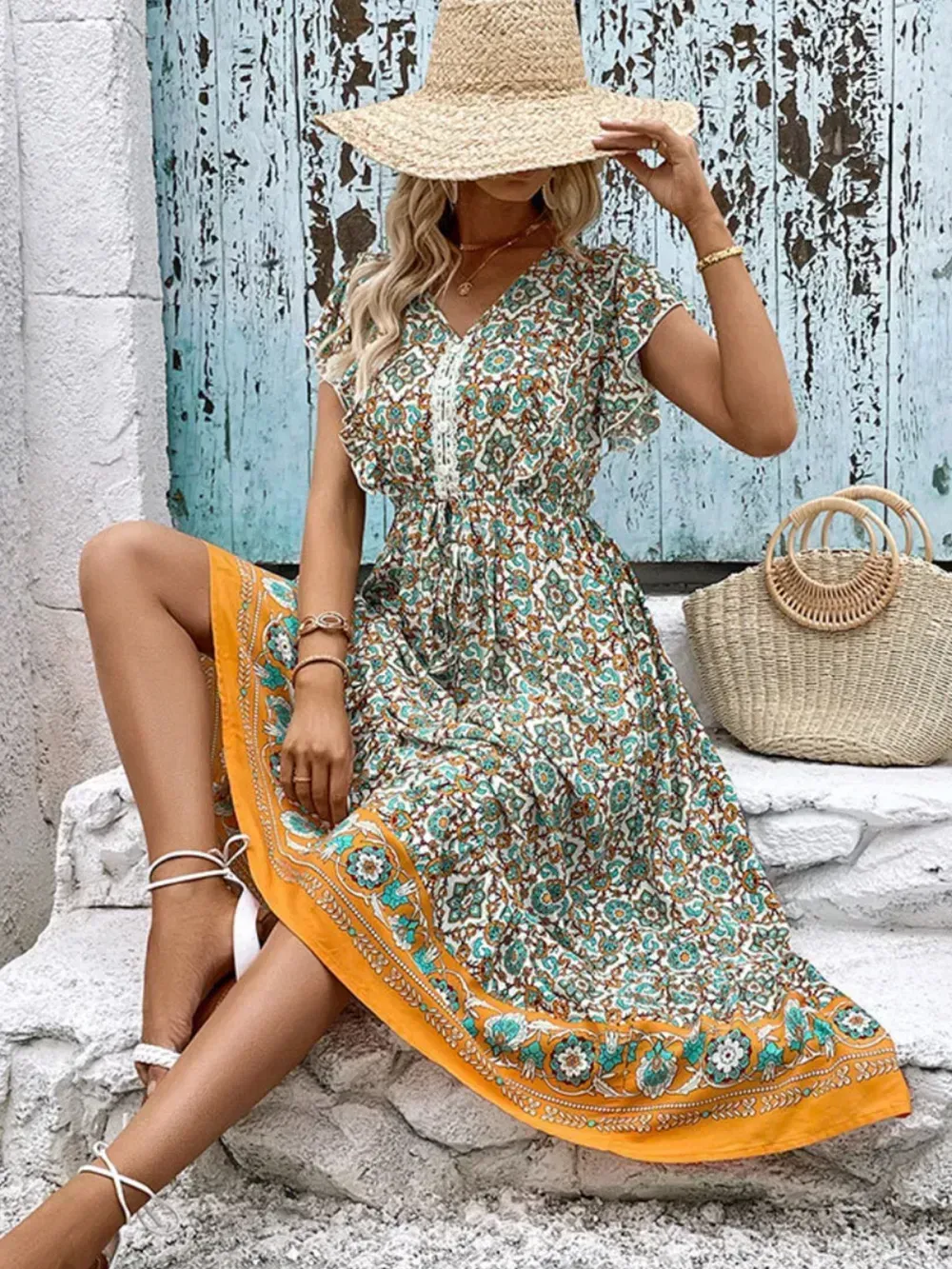 Women Floral V Neck Short Sleeve Comfy Casual Midi Dress