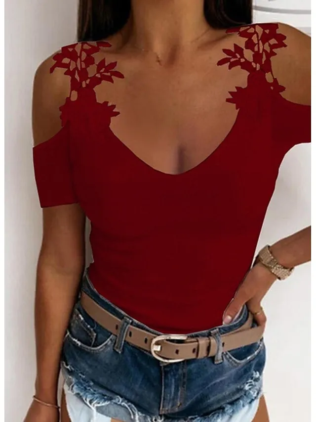 Women's T shirt Tee Going Out Tops Burgundy Tee Concert Tops Plain Lace Cut Out Casual Weekend Elegant Fashion Basic Cold Shoulder Short Sleeve U Neck Off Shoulder Black Summer Spring