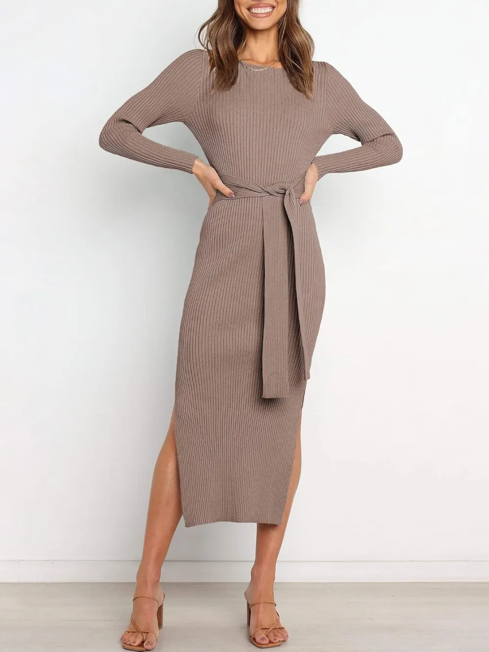 Long Sleeve Sweater Dress Crew Neck Slim Fit Slit Tie Waist 2024 Ribbed Knit Bodycon Midi Dress Fall Outfits