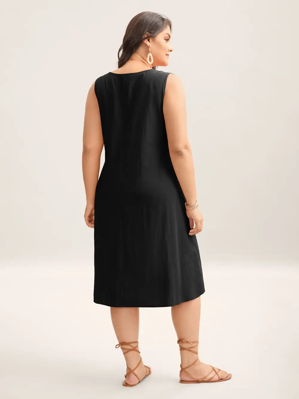 Cotton Toothpick Pleat Plain Midi Dress