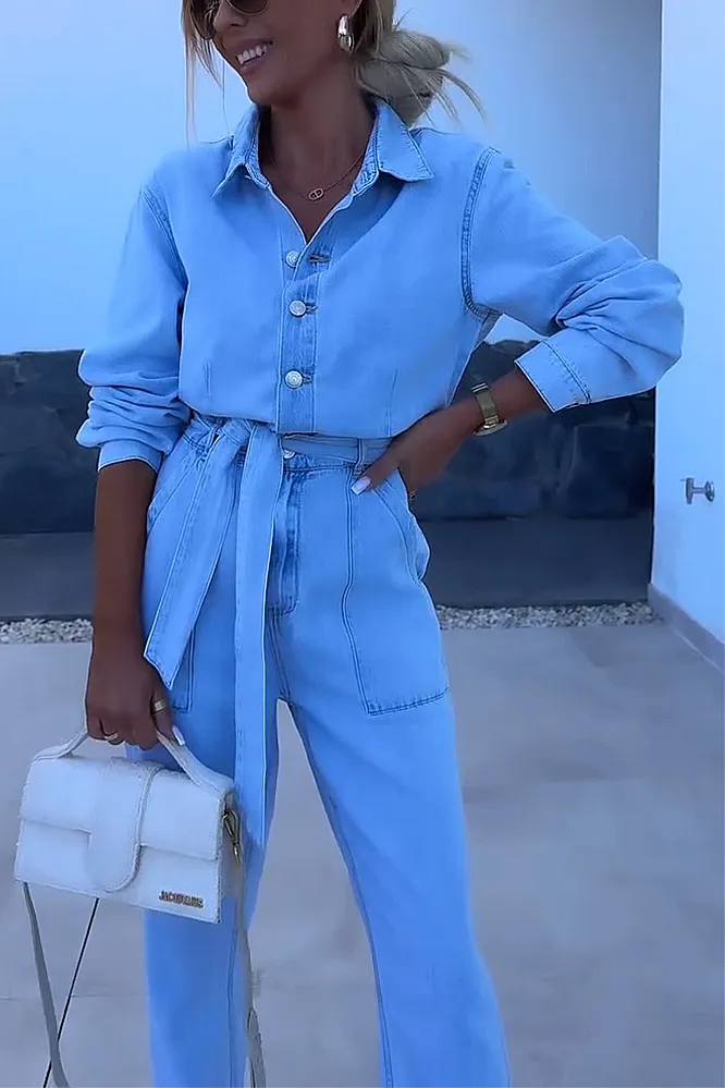 Women's solid color denim V-neck top and pants two-piece set