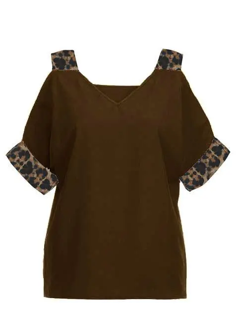 Leopard Print V-neck Cold Shoulder Tops