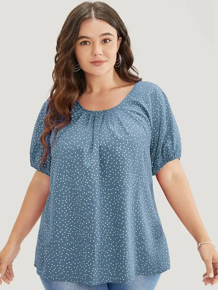 Polka Dot Pleated Round Neck Puff Sleeve Blouse