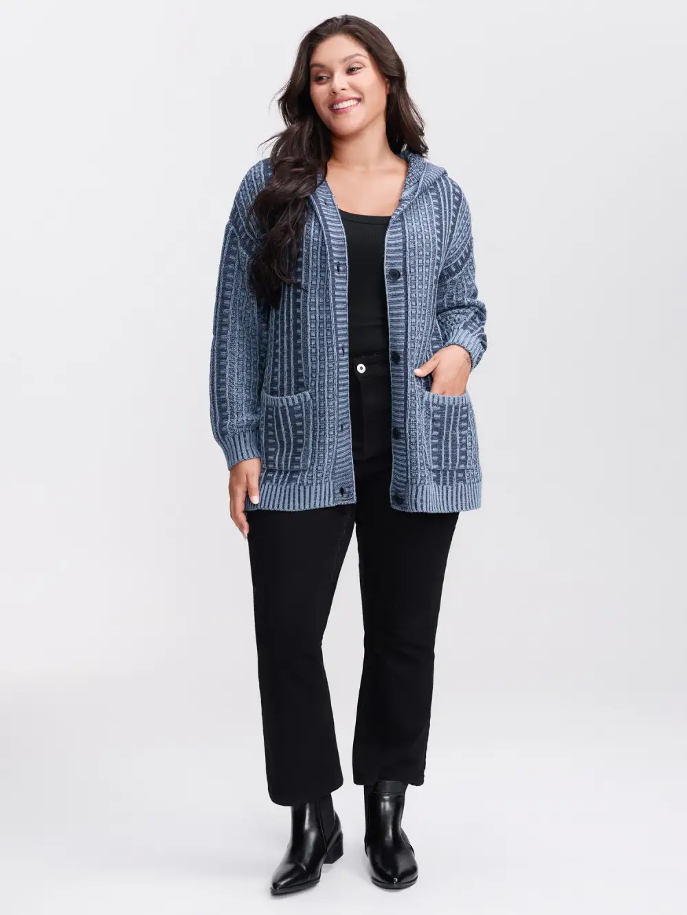 Hooded Textured Pockets Drop Shoulder Knit Cardigan