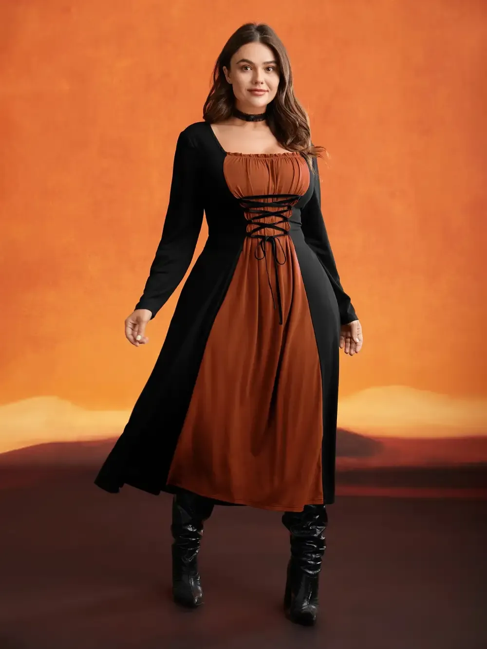 Stretchy Knit Adjustable Tie Frill Trim Midi Dress