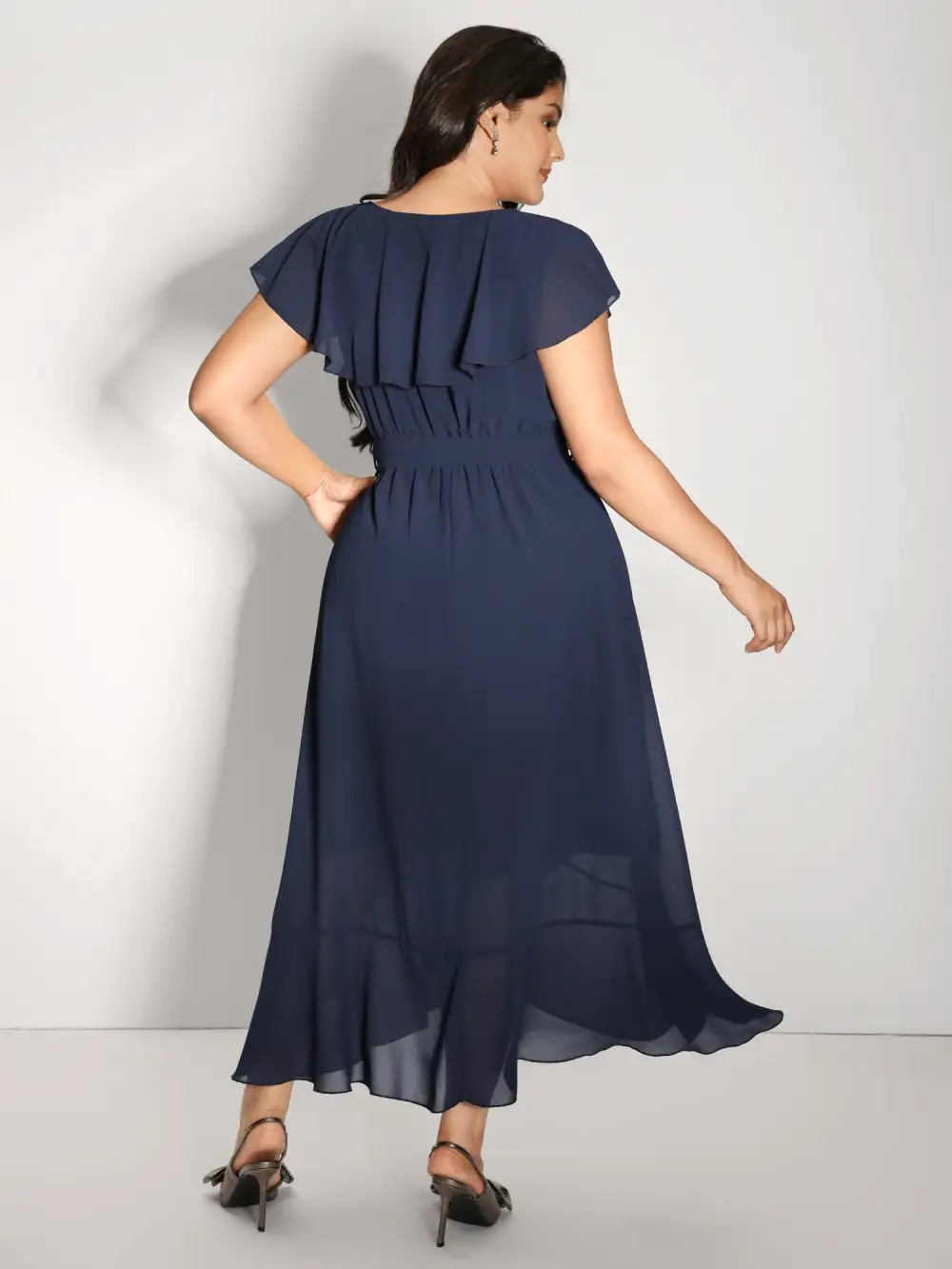 Belted Waist High Low Hem Midi Dress