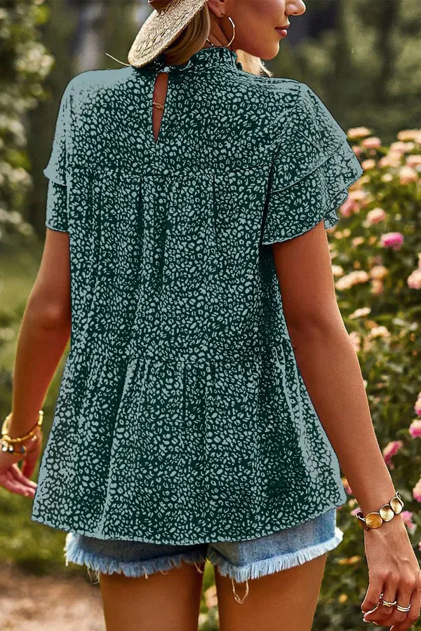 Animal Print Ruffle Chiffon T-Shirt
