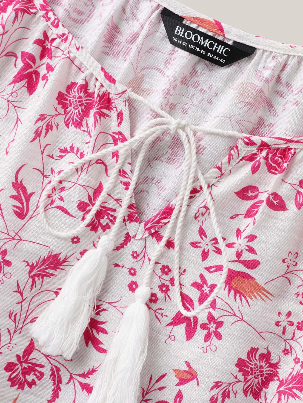 Silhouette Floral Print Neck Tassels Blouse