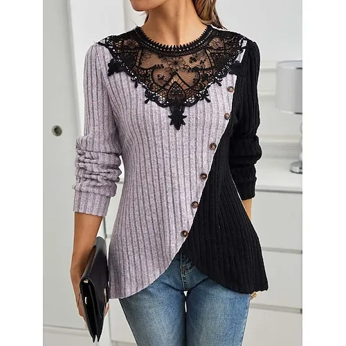 Women's Blouse Textured Ribbed Solid Color Eyelet Daily Elegant Stylish Puff Sleeve Long Sleeve