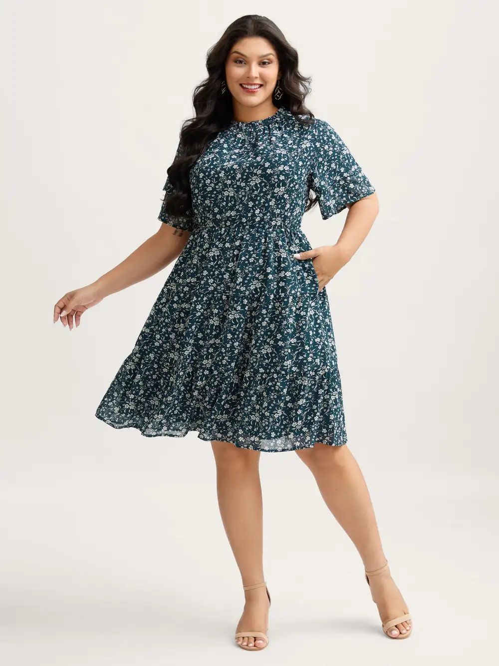 Monochromatic Floral Stretchy Waist Midi Dress