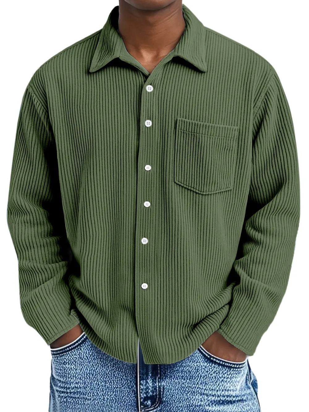 Men's Loose Casual Corduroy Loose Lapel Long Sleeve Shirt With Pockets