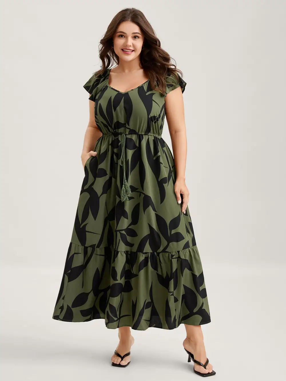 Floral Waist-Cinched Drawstring Maxi Dress