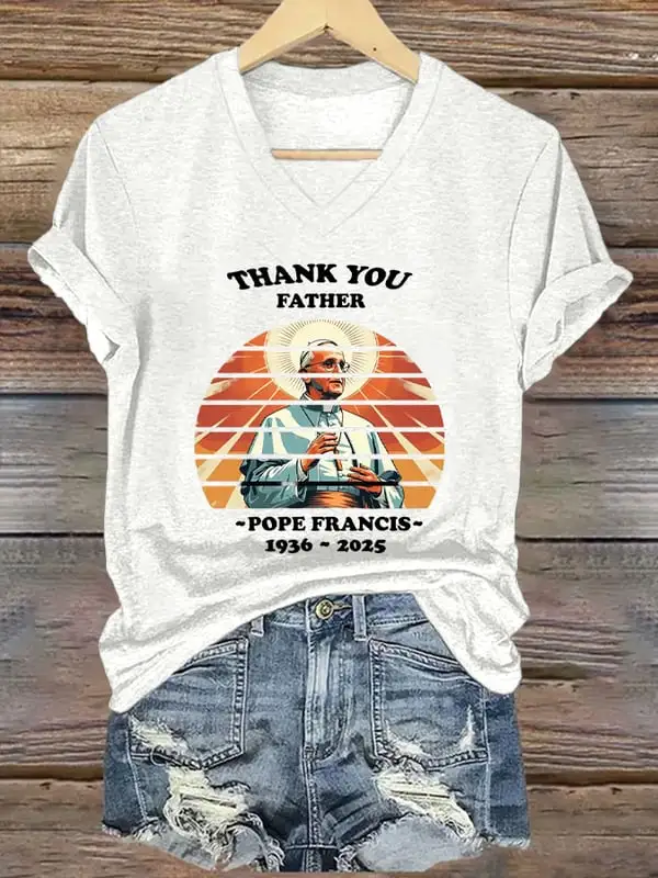 Women's Thank You Father 1936-2025 Print Short Sleeve V-Neck Cotton T-Shirt