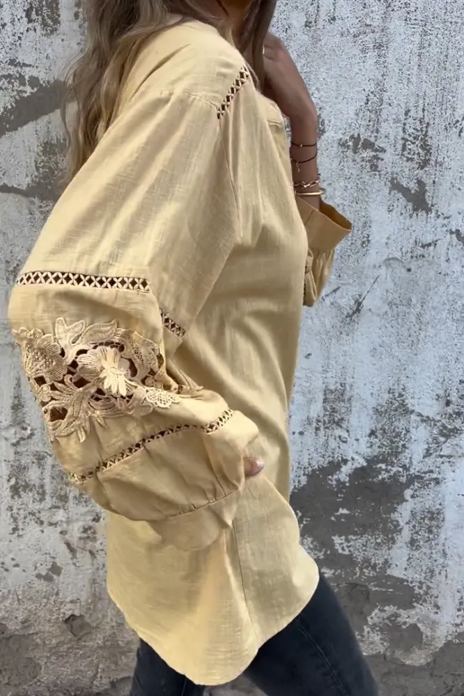 Women's Cotton And Linen Hollow Flower Pattern Shirt