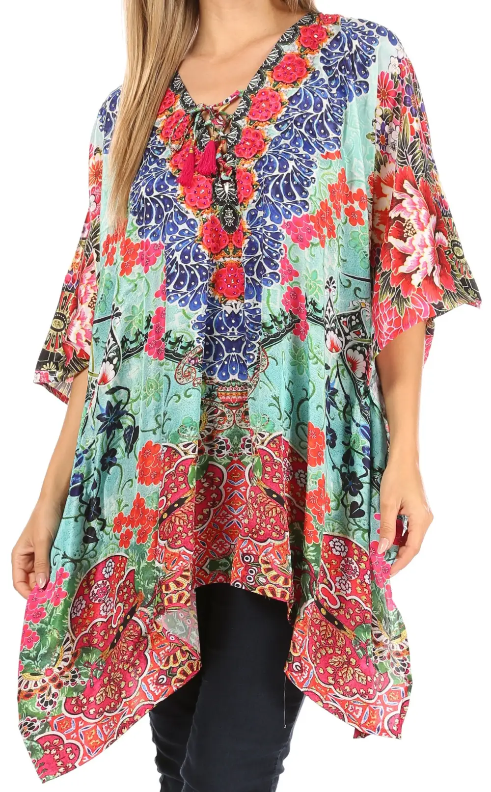 Women's Caftan Poncho Cover up V neck Top Lace up With Rhinestone