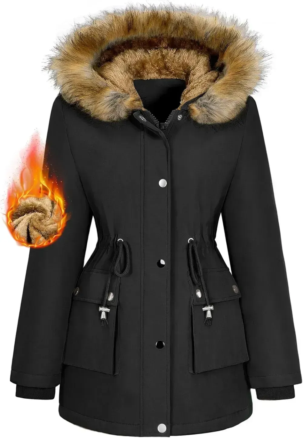 Women Winter Coats Fleece Lined Parka Jackets Hooded Warm Thicken Coat With Pockets and Fur Hood Trendy Overcoat