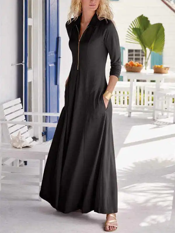 Urban Casual Zipper Solid Color Maxi Dress