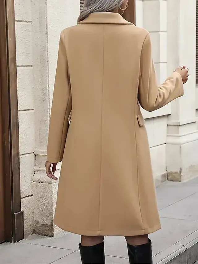 Women's Winter Coat Long Overcoat Double Breasted Lapel Trench Coat Thermal Warm Windproof Jacket Fall Casual Street Outerwear Long Sleeve Fall Winter Black Khaki