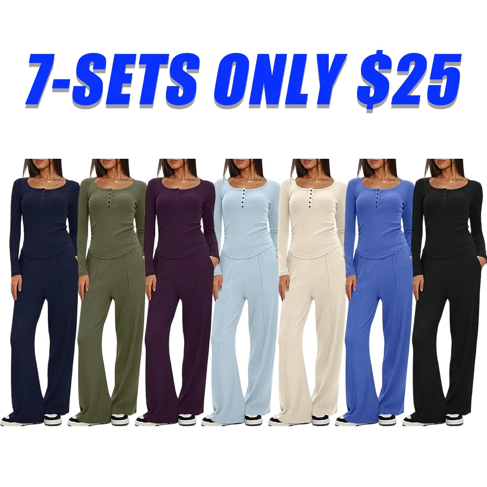 Women's Autumn Fashion Two-Piece Casual Suit Long Sleeve Top Henley Shirt Wide Leg Pants Travel Suit