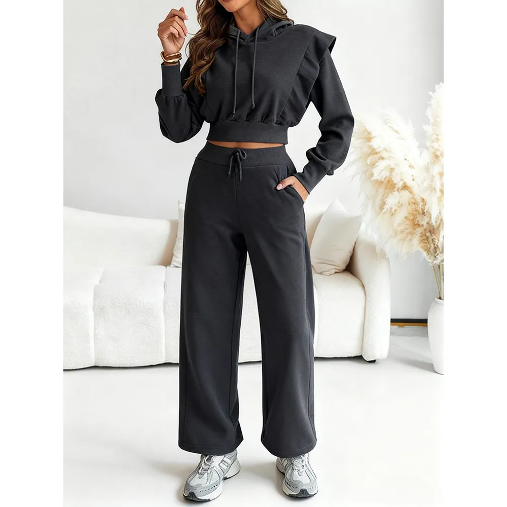Hooded Long Sleeve Sweatshirt and Casual Wide Leg Sweatpants Set