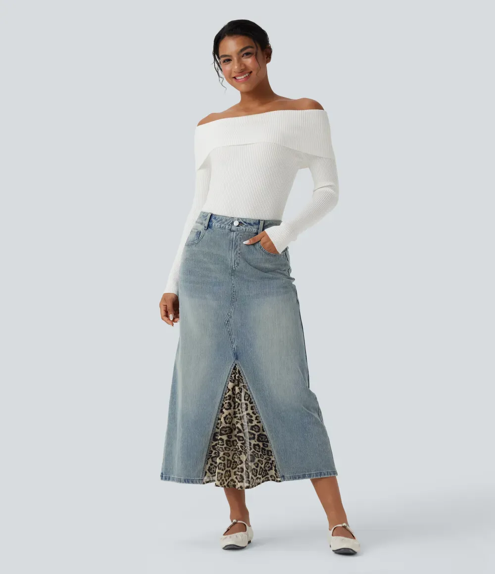 Halara FlexTM Mid Rise Contrast Leopard Mesh Midi Denim Casual A-line Skirt with Pockets