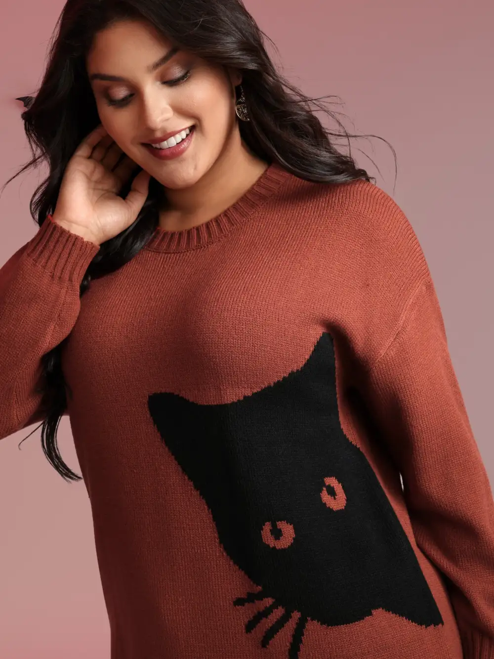 Night Cat Print Crew Neck Pullover